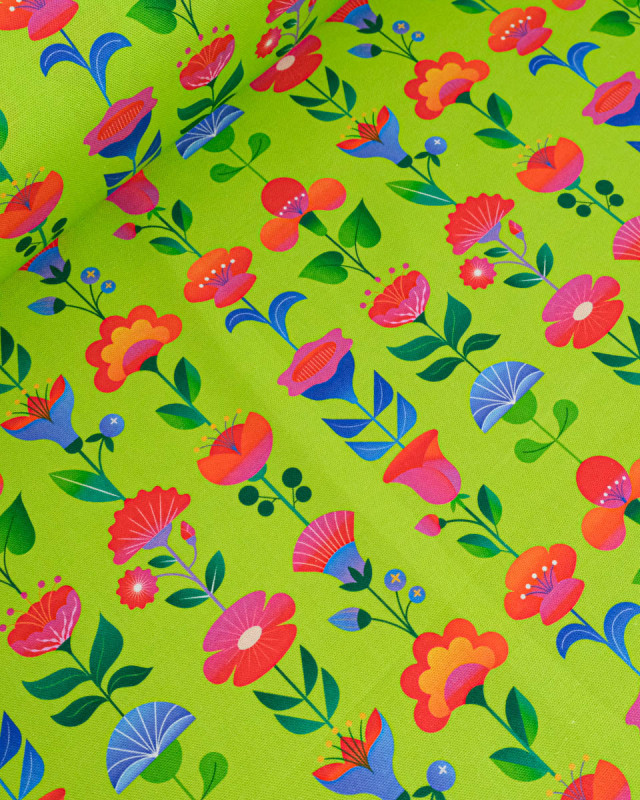 Toile Semi-Panama Vert Pomme Fleurs Multicolores - Mercerine