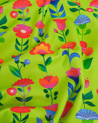 Toile Semi-Panama Vert Pomme Fleurs Multicolores - Mercerine