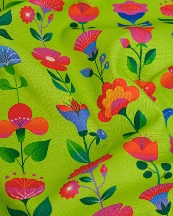 Toile Semi-Panama Vert Pomme Fleurs Multicolores - Mercerine
