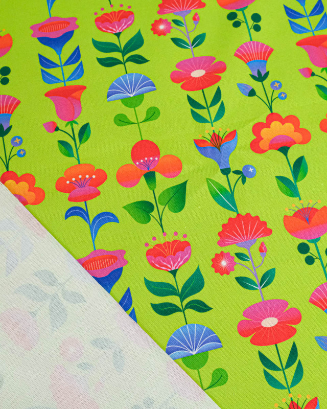 Toile Semi-Panama Vert Pomme Fleurs Multicolores - Mercerine