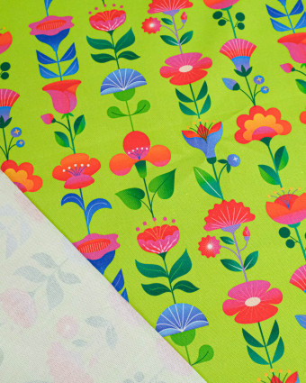 Toile Semi-Panama Vert Pomme Fleurs Multicolores - Mercerine