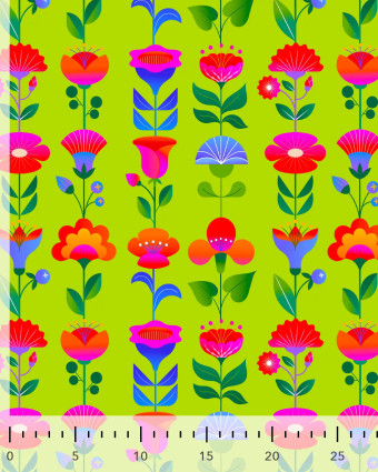 Toile Semi-Panama Vert Pomme Fleurs Multicolores - Mercerine