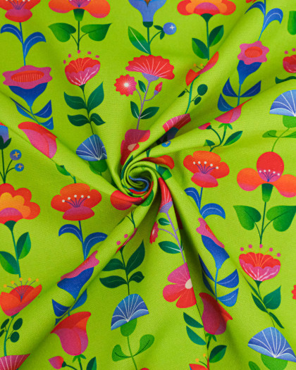 Toile Semi-Panama Vert Pomme Fleurs Multicolores - Mercerine