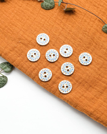 Bouton Motif Fleur Bleu Contour Argent - Mercerine