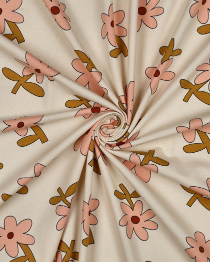 Jersey de Coton Fleurs Ecru et Rose Jennifer Bouron - Mercerine