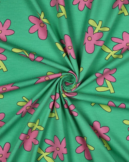 Jersey de Coton Fleurs Vert et Rose Jennifer Bouron - Mercerine