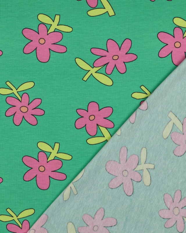 Jersey de Coton Fleurs Vert et Rose Jennifer Bouron - Mercerine
