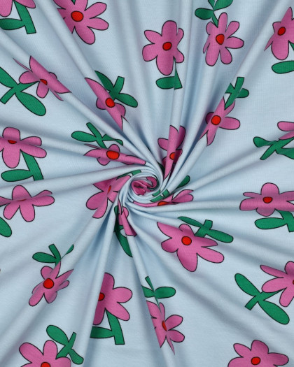 Jersey de Coton Fleurs Bleu Ciel et Rose Jennifer Bouron - Mercerine