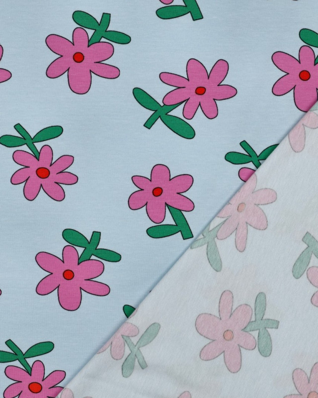 Jersey de Coton Fleurs Bleu Ciel et Rose Jennifer Bouron - Mercerine