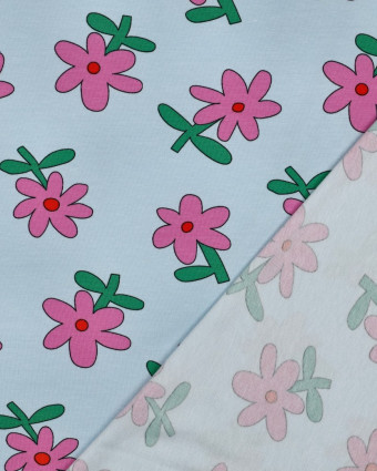 Jersey de Coton Fleurs Bleu Ciel et Rose Jennifer Bouron - Mercerine