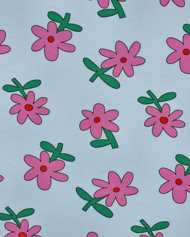 Jersey de Coton Fleurs Bleu Ciel et Rose Jennifer Bouron - Mercerine