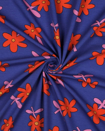 Jersey de Coton Fleurs Bleu et Rouge Jennifer Bouron - Mercerine