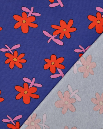 Jersey de Coton Fleurs Bleu et Rouge Jennifer Bouron - Mercerine