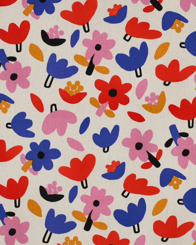 Popeline de Coton Flower Bleu et Rouge Jennifer Bouron - Mercerine