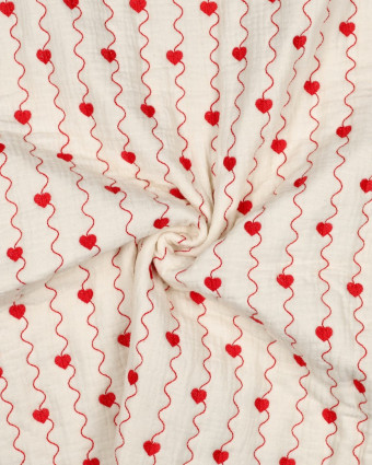 Matelassé Double Gaze Ecru Cœur Rouge - Mercerine