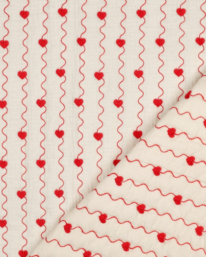 Matelassé Double Gaze Ecru Cœur Rouge - Mercerine