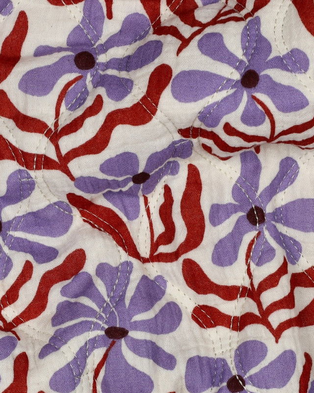 Matelassé Double Gaze Fleuri Mauve et Cacao - Mercerine
