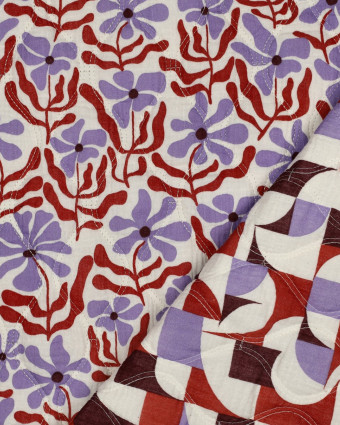 Matelassé Double Gaze Fleuri Mauve et Cacao - Mercerine