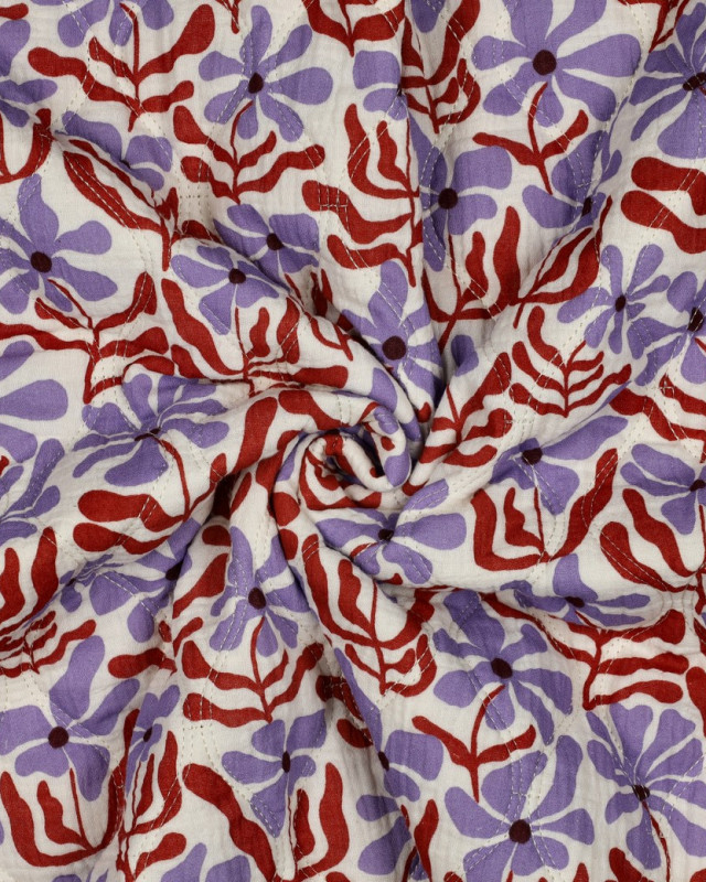 Matelassé Double Gaze Fleuri Mauve et Cacao - Mercerine
