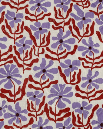 Matelassé Double Gaze Fleuri Mauve et Cacao - Mercerine