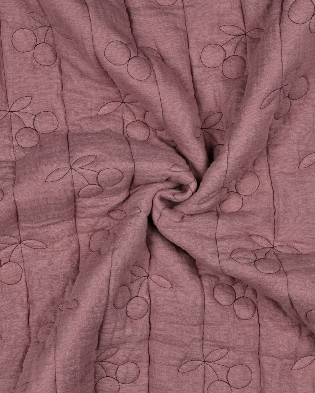 Matelassé Double Gaze Cerises Brodées Mauve - Mercerine