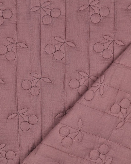 Matelassé Double Gaze Cerises Brodées Mauve - Mercerine