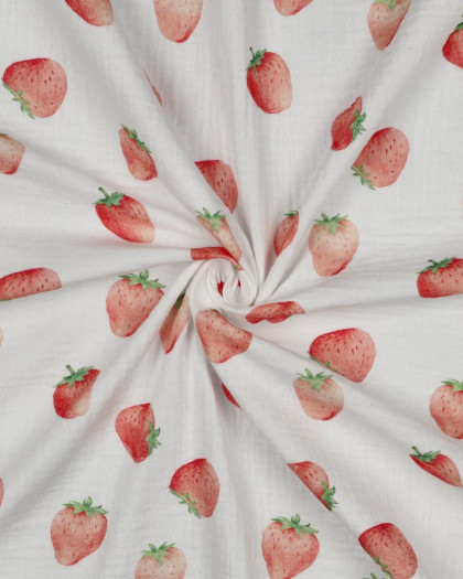 Double Gaze Blanche Motif Fraise - Mercerine