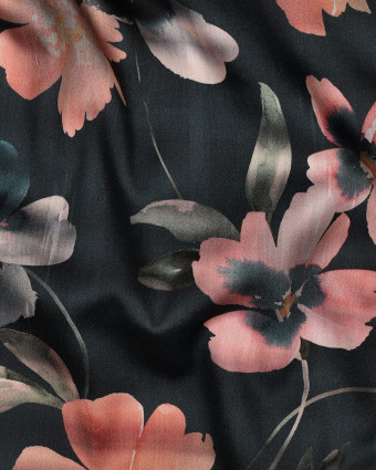 Satin de Coton Imprimé Fleuri Pétrole Foncé - Mercerine