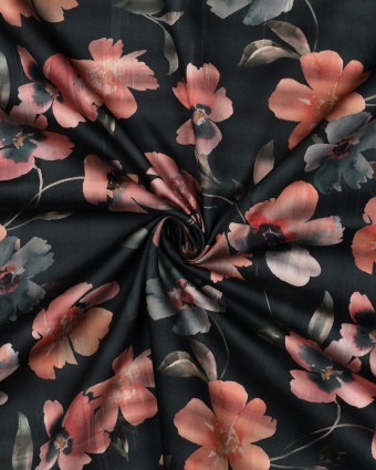 Satin de Coton Imprimé Fleuri Pétrole Foncé - Mercerine