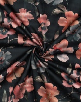 Satin de Coton Imprimé Fleuri Pétrole Foncé