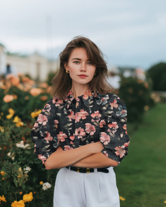 Satin de Coton Imprimé Fleuri Pétrole Foncé - Mercerine