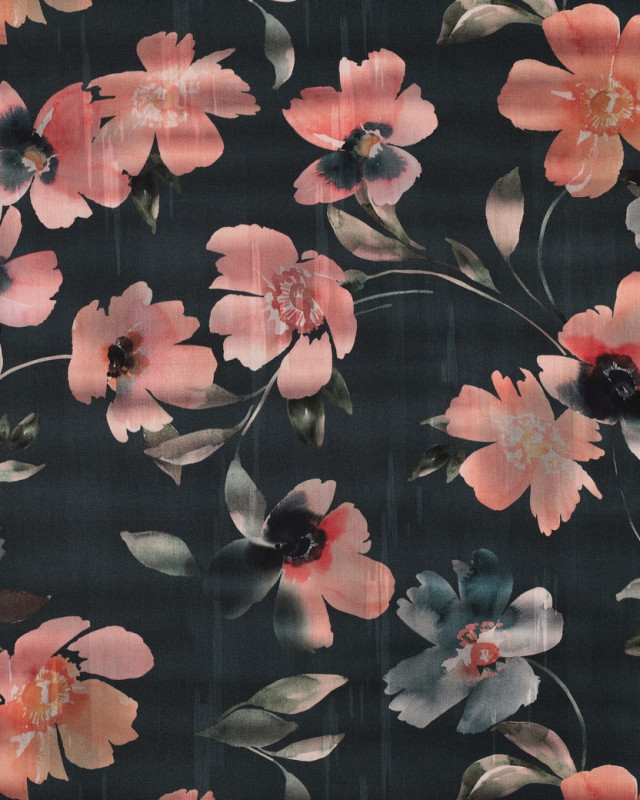 Satin de Coton Imprimé Fleuri Pétrole Foncé - Mercerine