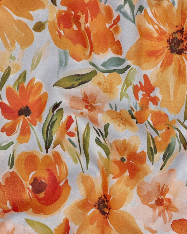 Voile de Coton Bleu Ciel Fleuri Orange - Mercerine