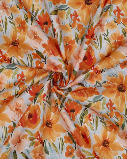 Voile de Coton Bleu Ciel Fleuri Orange - Mercerine