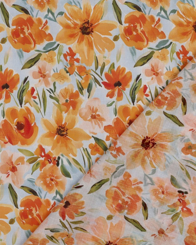 Voile de Coton Bleu Ciel Fleuri Orange - Mercerine