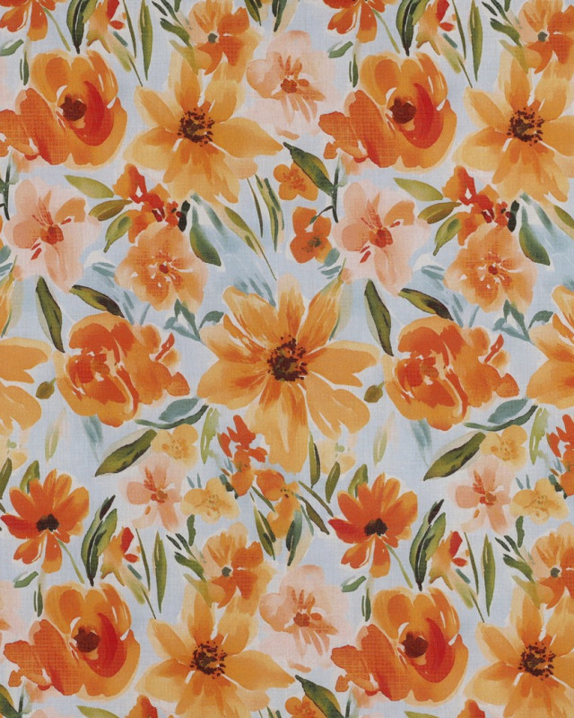 Voile de Coton Bleu Ciel Fleuri Orange - Mercerine