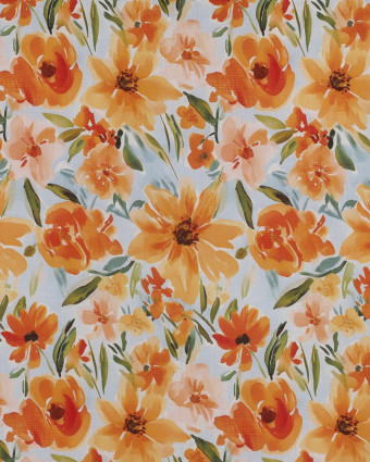 Voile de Coton Bleu Ciel Fleuri Orange - Mercerine