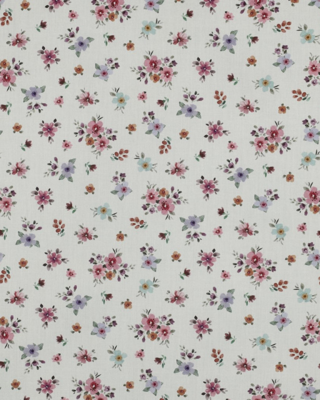 Popeline de Coton Blanche Fleurie Romantique - Mercerine