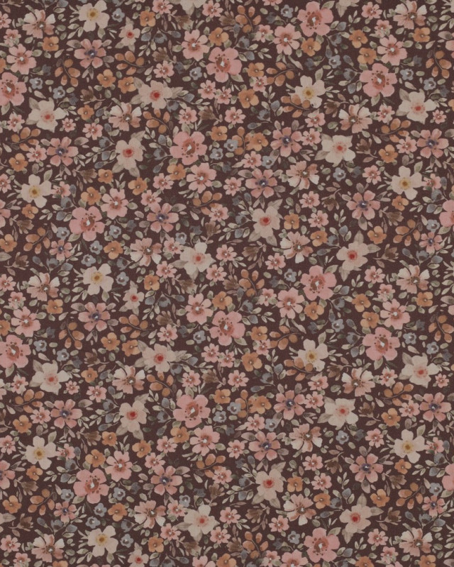 Popeline de Coton Petites Fleurs Fond Cacao - Mercerine