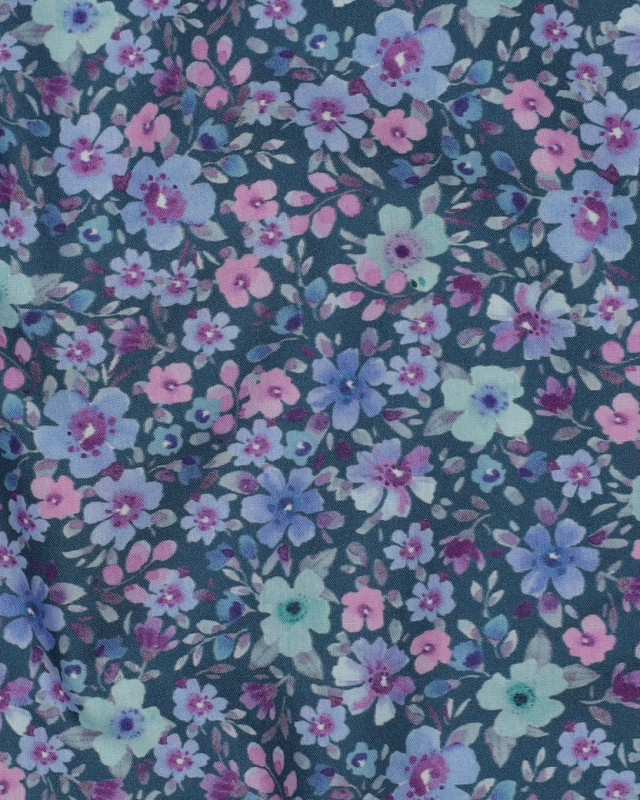 Popeline de Coton Petites Fleurs Fond Pétrole - Mercerine