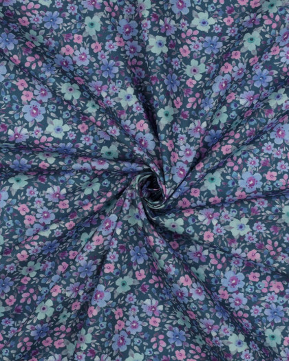 Popeline de Coton Petites Fleurs Fond Pétrole - Mercerine