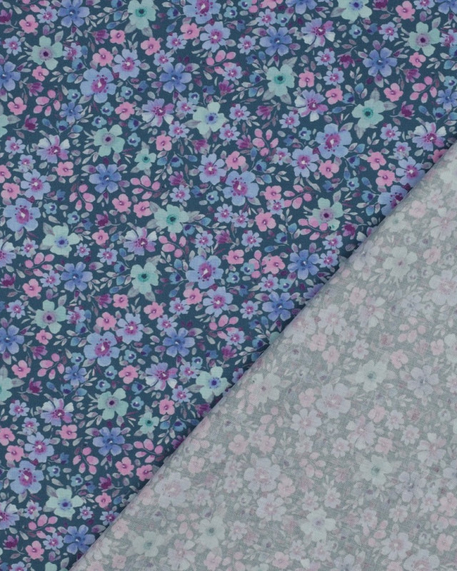 Popeline de Coton Petites Fleurs Fond Pétrole - Mercerine