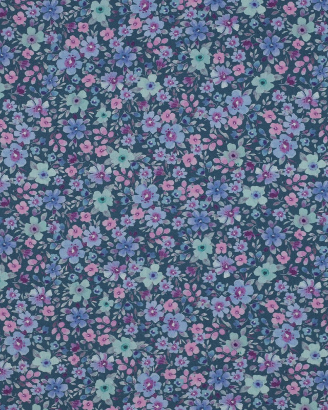Popeline de Coton Petites Fleurs Fond Pétrole - Mercerine
