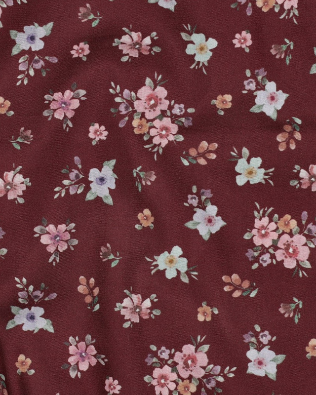 Popeline de Coton Bordeaux Fleurie Romantique - Mercerine