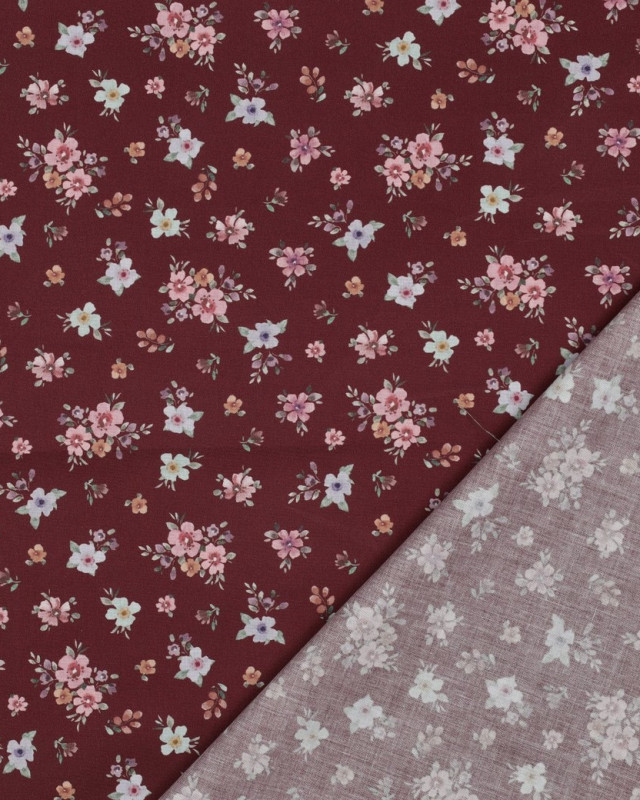 Popeline de Coton Bordeaux Fleurie Romantique - Mercerine
