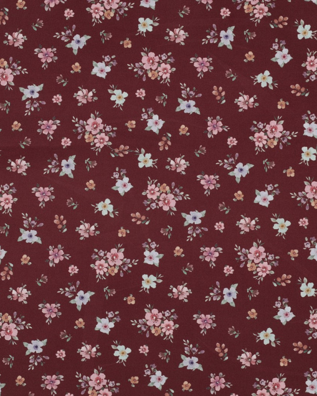 Popeline de Coton Bordeaux Fleurie Romantique - Mercerine