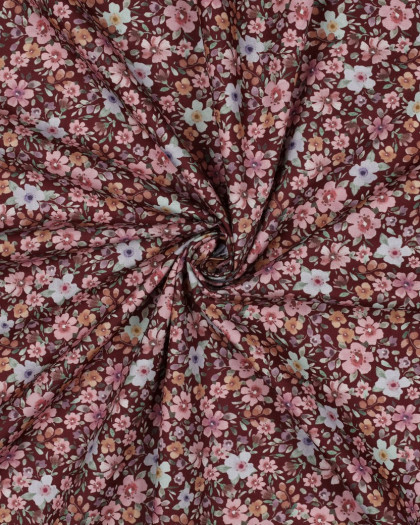 Popeline de Coton Petites Fleurs Fond Bordeaux - Mercerine