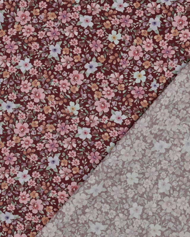 Popeline de Coton Petites Fleurs Fond Bordeaux - Mercerine
