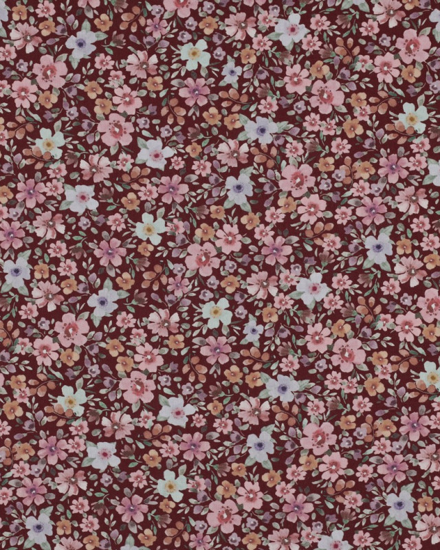 Popeline de Coton Petites Fleurs Fond Bordeaux - Mercerine