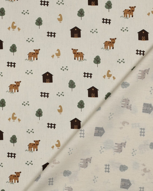 Popeline de Coton Ecru Motif Ferme - Mercerine
